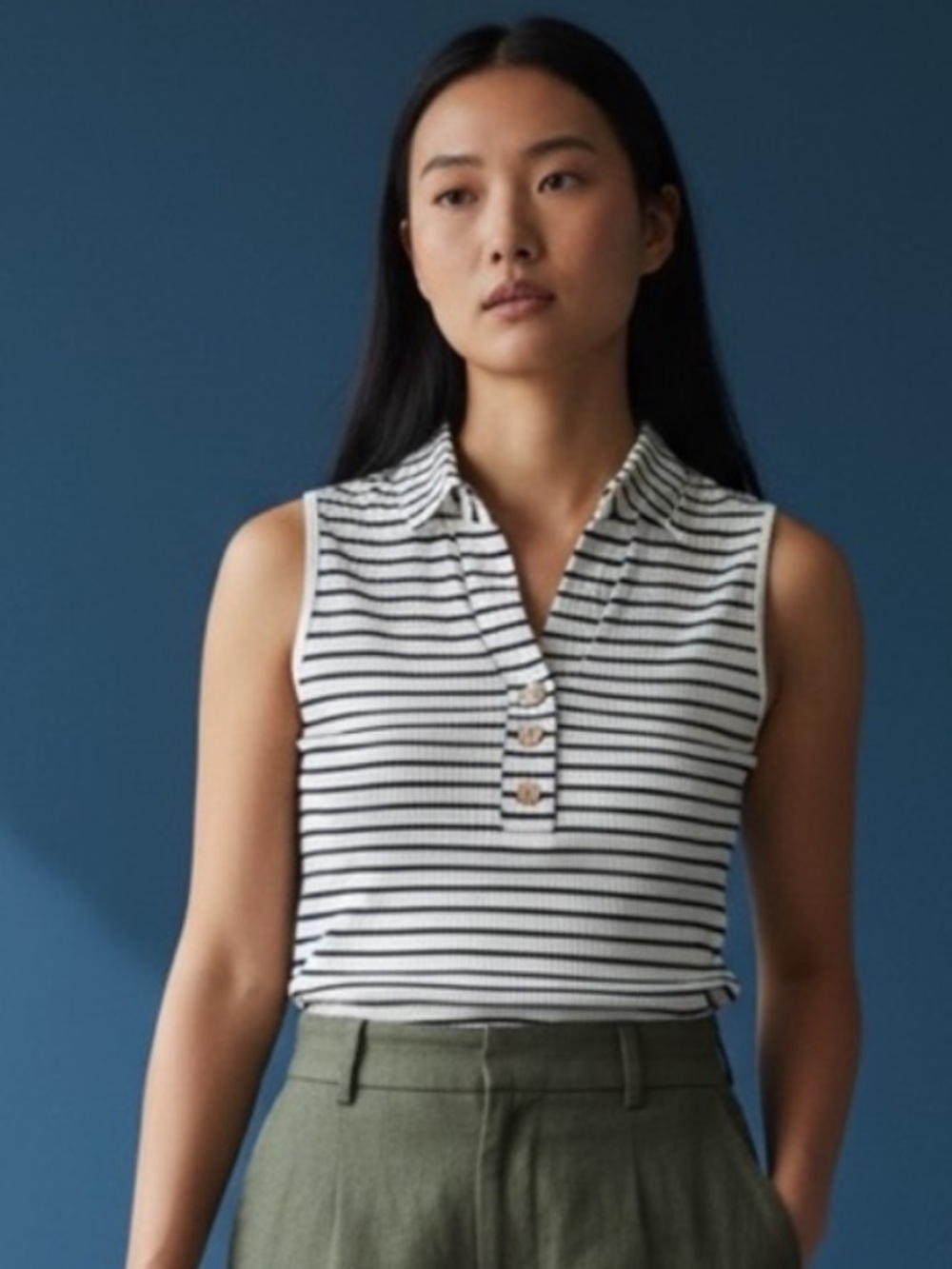 Women’s Black and White Striped Sleeveless Ribbed Blouse